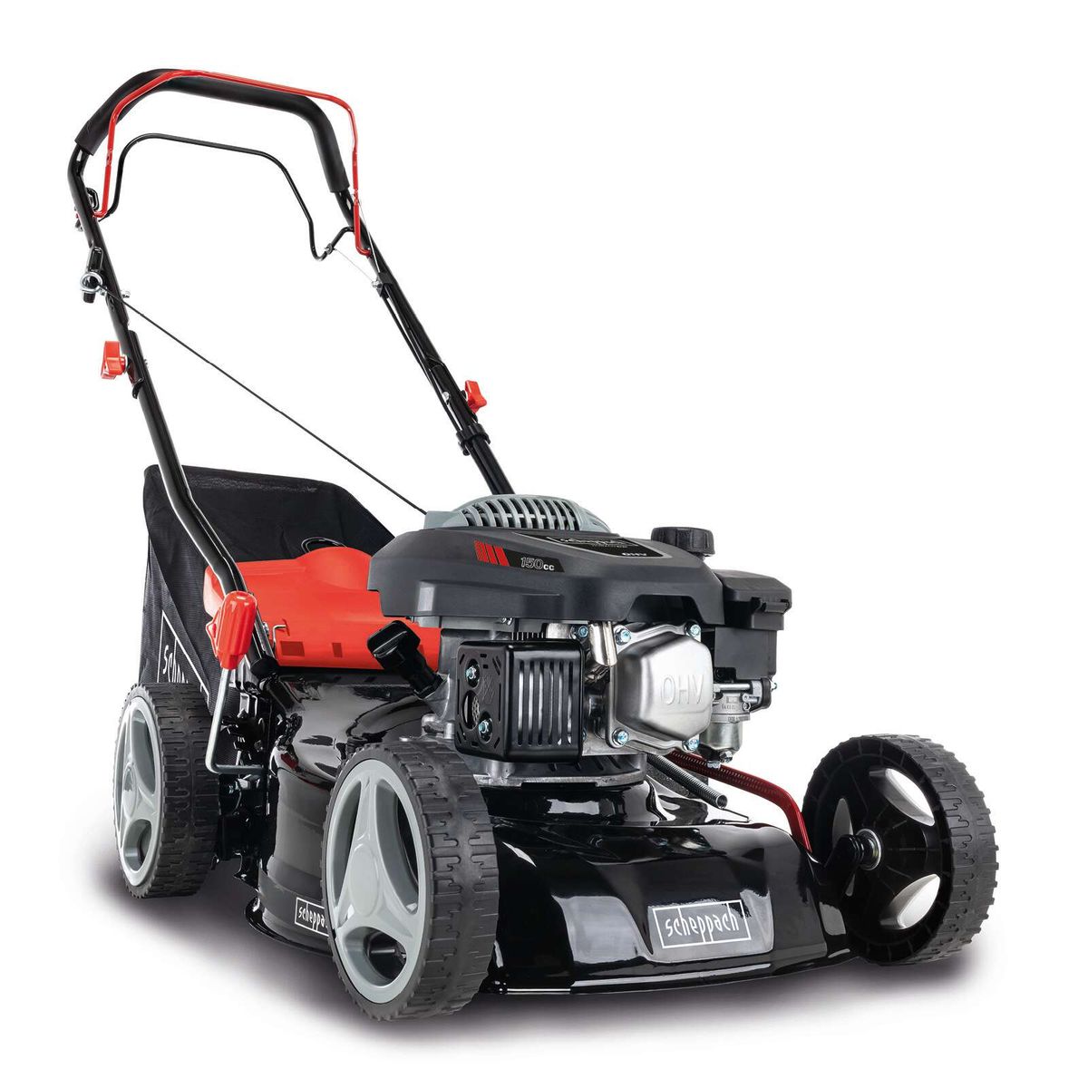 Benzin Rasenmäher MS150-42E von Scheppach mit 3,7 PS, 42 cm Schnittbreite, E-Start, Radantrieb, inkl. Akku & Ladegerät.