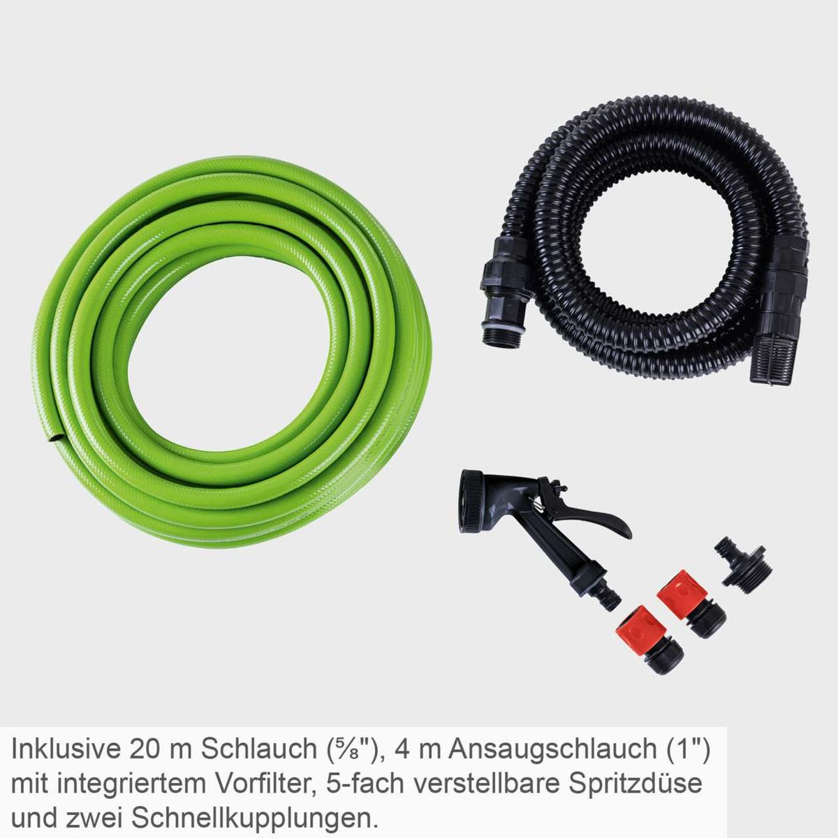 Elektro-Gartenpumpe GP600S inklusive 20 m Schlauch (5/8 Zoll), 4 m Ansaugschlauch (1 Zoll) mit integriertem Vorfilter, 5-fach verstellbare Spritzdüse und zwei Schnellkupplungen und zwei Schnellkupplungen.