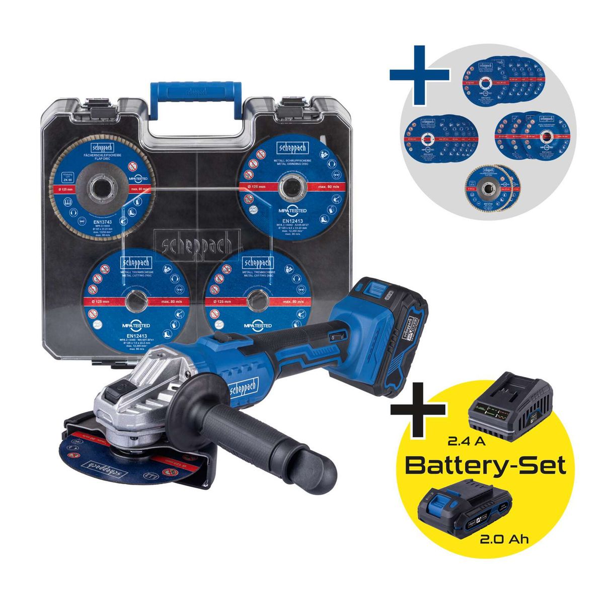 Akku-Winkelschleifer mit 15-stückigem Zubehörset inkl. Batterie und Ladegerät für Scheppach C-ATB15/1-X