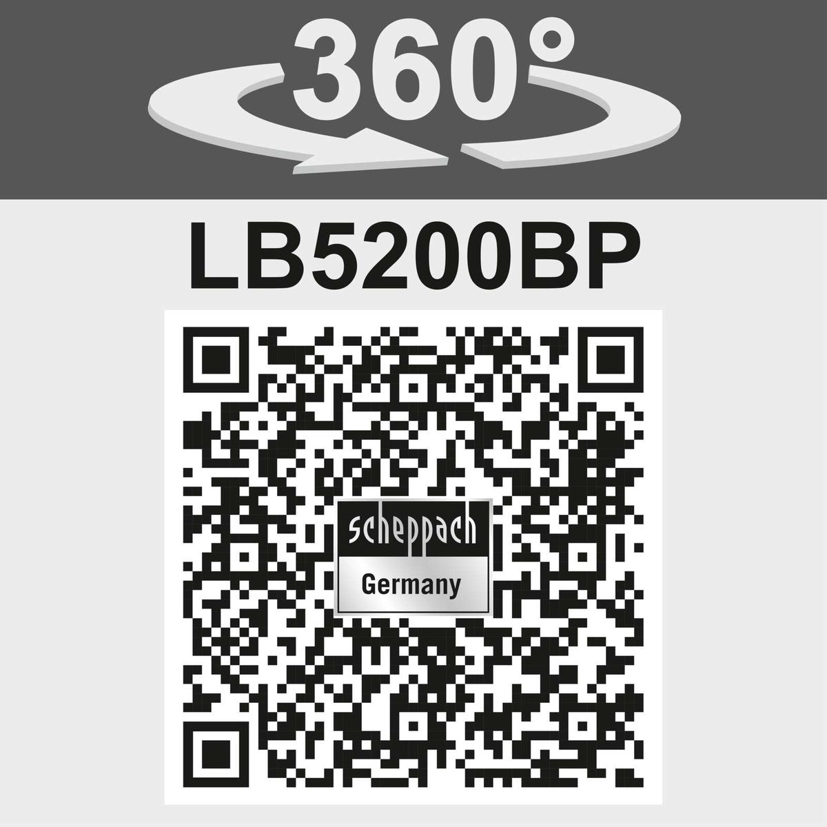 The Scheppach petrol leaf blower LB5200BP features a 360° rotation for versatile use. More details are available via the QR code.