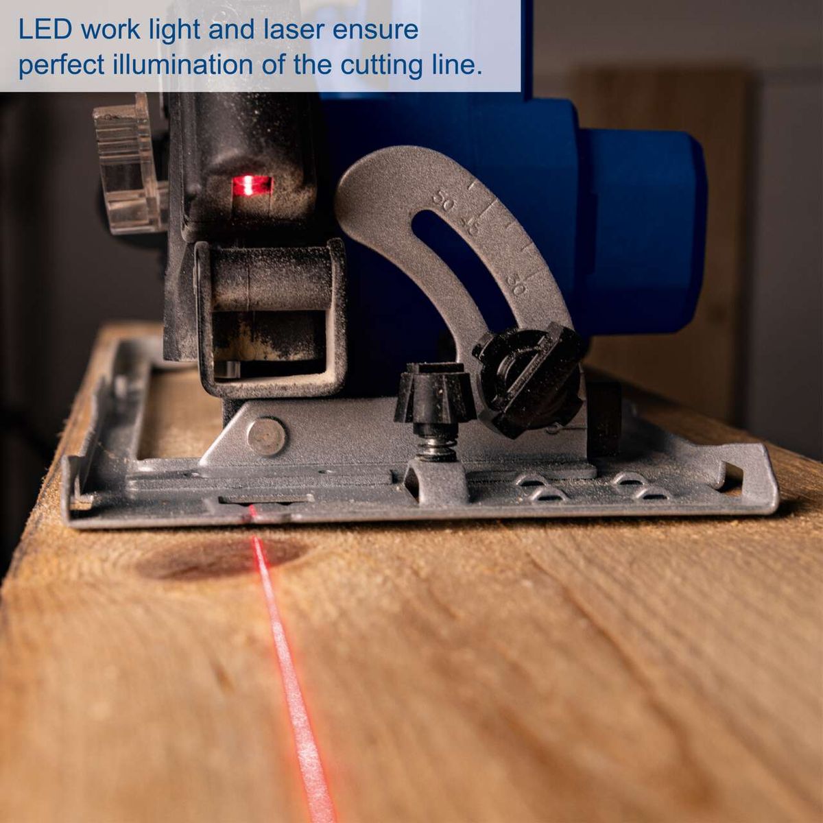 The cordless hand-held circular saw C-HCS165-X by Scheppach features an LED work light and a laser that ensure perfect illumination of the cutting line.