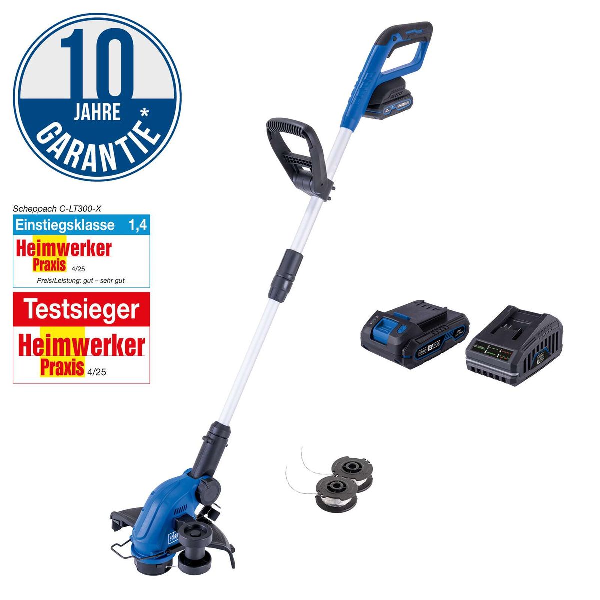 Der Akku-Rasentrimmer C-LT300-X von Scheppach bietet eine 10-Jahre-Garantie. Er wurde von Heimwerker Praxis mit der Note 1,4 bewertet und ist Testsieger. Die Schnittbreite beträgt 300 mm, die Fadenlänge 3 m und die Höhenverstellung 270 mm.