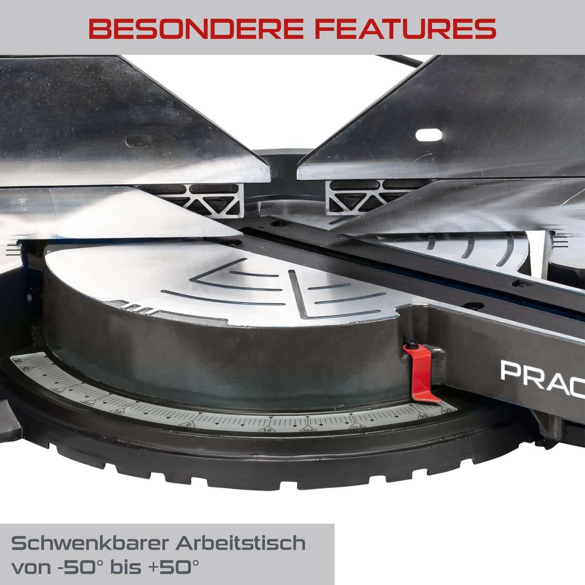 Die Kapp-Zugsäge PX-KZS-305PA Practixx bietet einen schwenkbaren Arbeitstisch von -50° bis +50°, Laserführung, Softstart und Posaunenauszug.