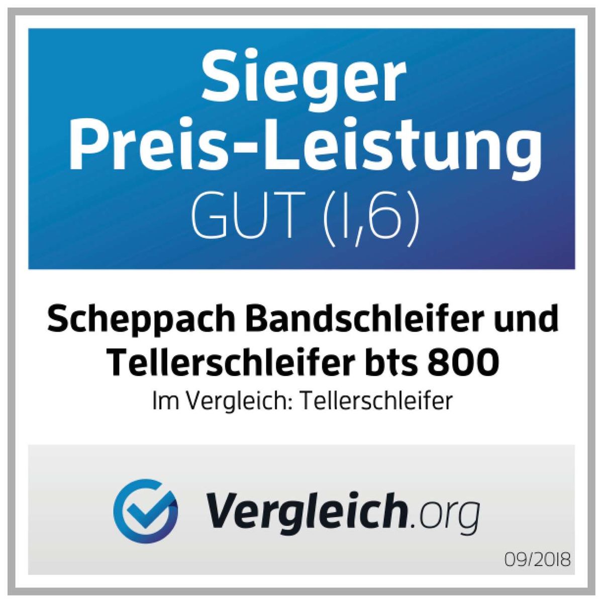 Der Scheppach Band- und Tellerschleifer BTS 800 wurde von Vergleich.org als Sieger in der Kategorie Preis-Leistung mit der Note GUT (1,6) ausgezeichnet. Die Bewertung erfolgte im Vergleich mit anderen Tellerschleifern.