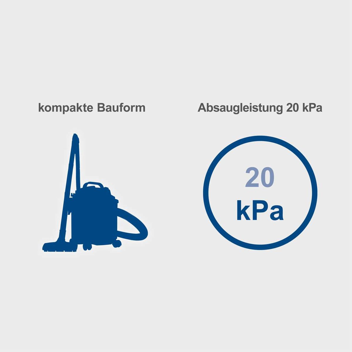 Kompaktes Design eines Scheppach-Nass- und Trockensaugers mit Absaugleistung von 20 kPa