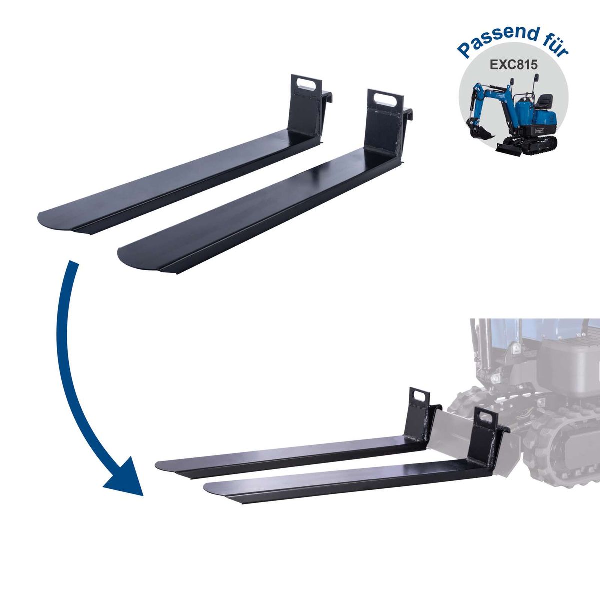 Scheppach-Palettengabel mit Montageaufnahmen für Mini-Bagger, inkl. Halterungen für EXC815