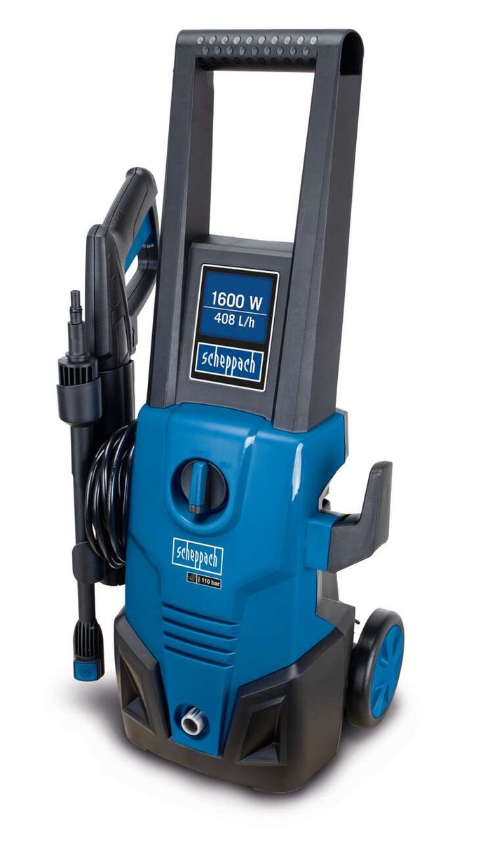 Hochdruckreiniger HCE1600 von Scheppach, 1600 W, 408 l/h, 110 bar, seitliche Ansicht.