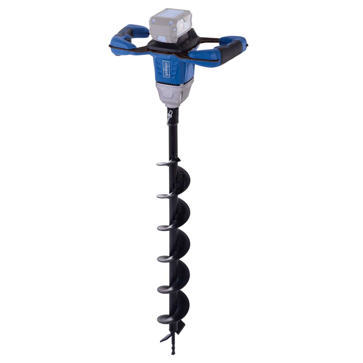 Der Akku Erdbohrer EB100-X von Scheppach hat eine Bohrerlänge von 800 mm, einen Bohrer mit 100 mm Durchmesser und drei Betriebsmodi. Er verfügt über einen Softgrip für komfortables Arbeiten.