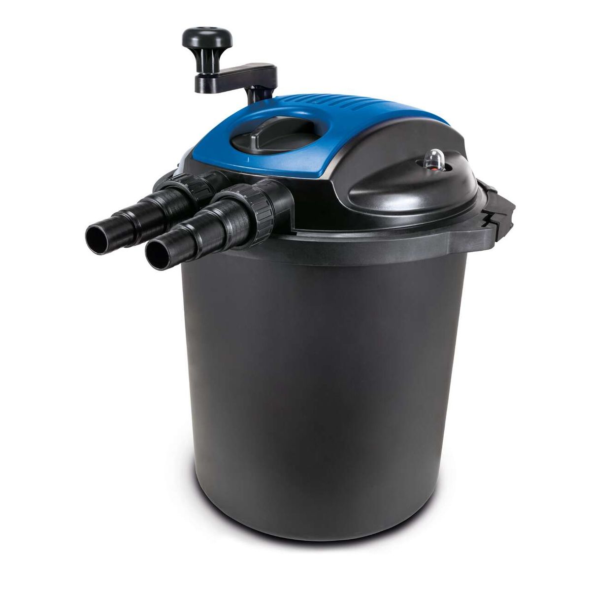 Teichdruckfilter Set PFS20000 von Scheppach mit 20.000L/h Fördermenge, 18W UV-C Lampe und 26L Tank. Gezeigt von vorne.