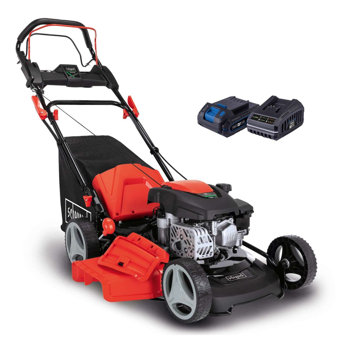 Scheppach-Benzin-Rasenmäher MS150-46E mit Motor, Lenkrad und Akku-Ladegerät