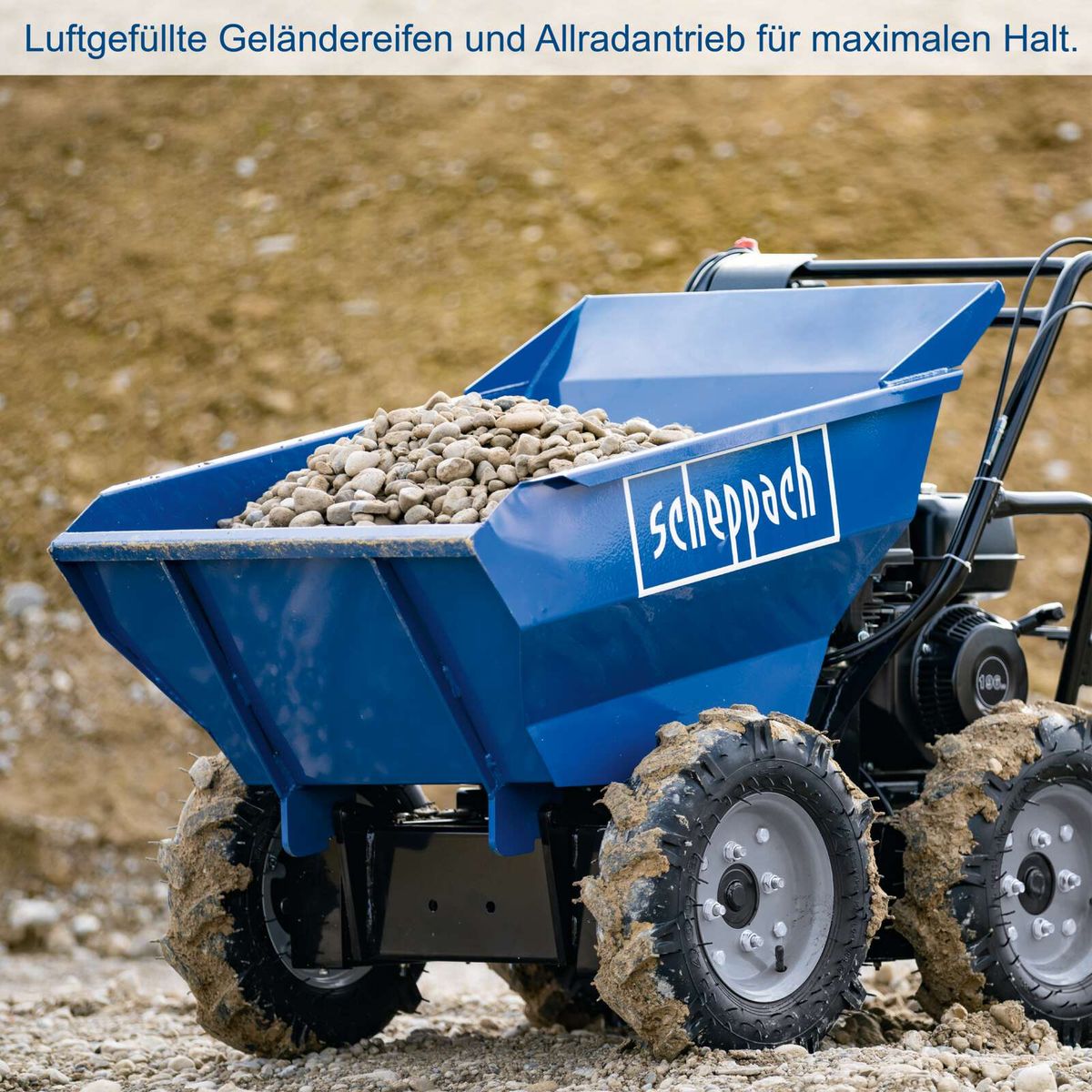 Allradantrieb mit luftgefüllten Reifen für robuste Geländetauglichkeit, Scheppach-Dumper mit Kippbehälter