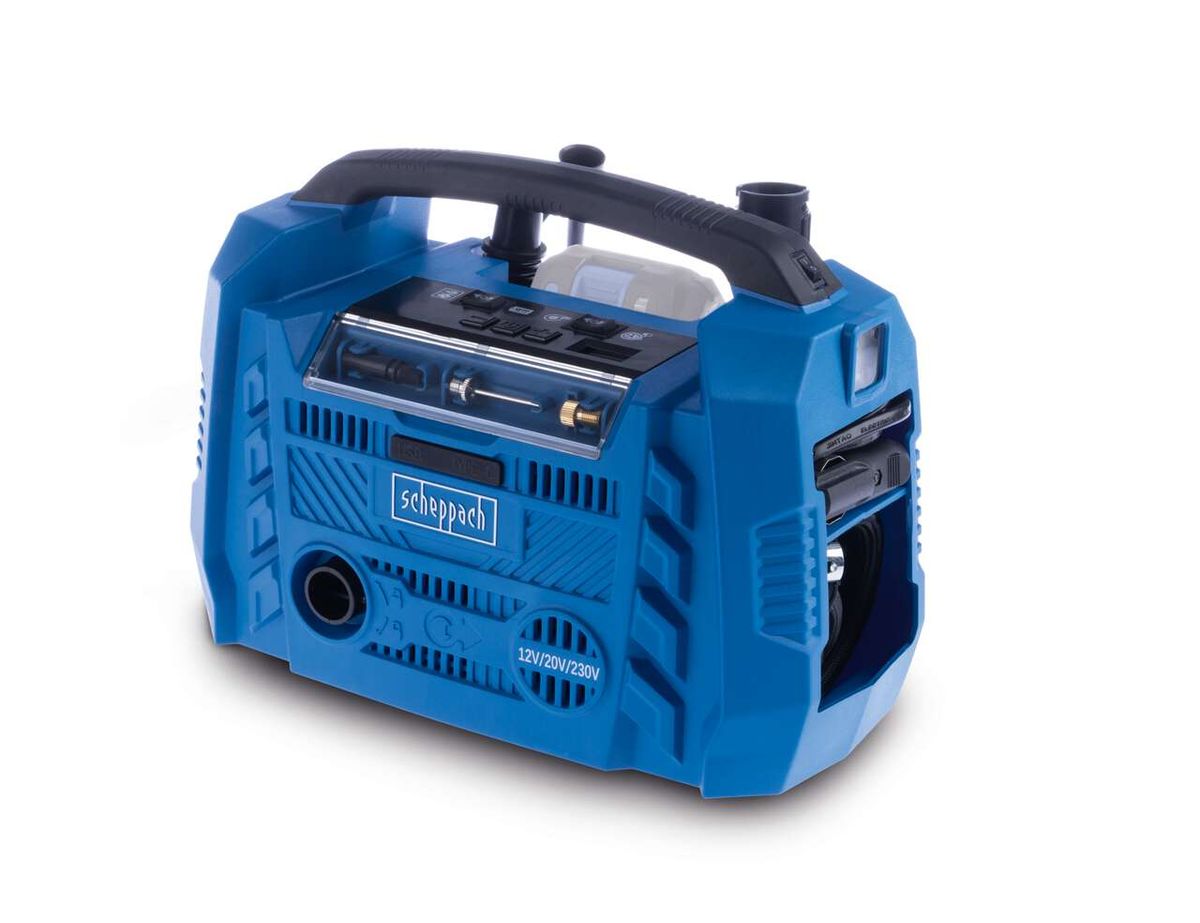 Hybrid compressor Airforce 6 Scheppach, front view. The compressor features a black handle and a digital display.