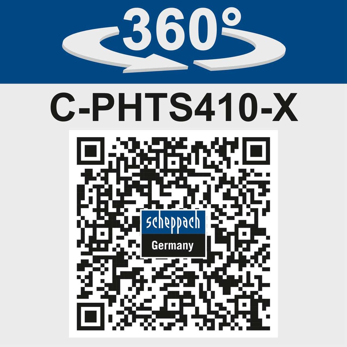 Produktbild des Akku-Multifunktionsgerät C-PHTS410-X Scheppach. 360° drehbarer Kopf für flexible Nutzung. QR-Code für weitere Informationen.