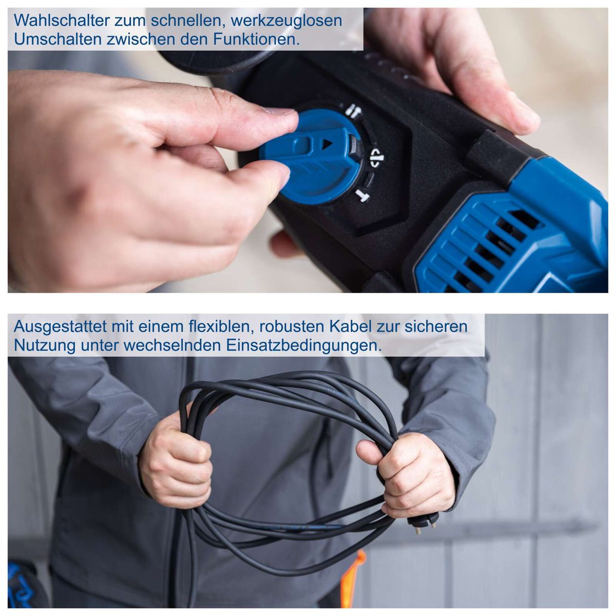 Flexibler, robuster Kabel für sichere Nutzung unter wechselnden Einsatzbedingungen; Schnellschalter für werkzeuglose Bedienung