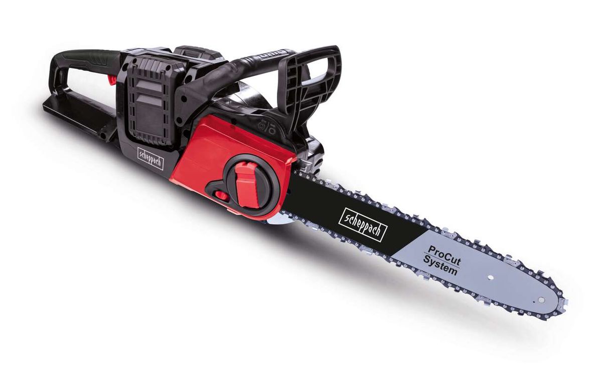 Akku-Kettensäge BCHS350-ProS Duo von Scheppach, 40 V, seitliche Ansicht.