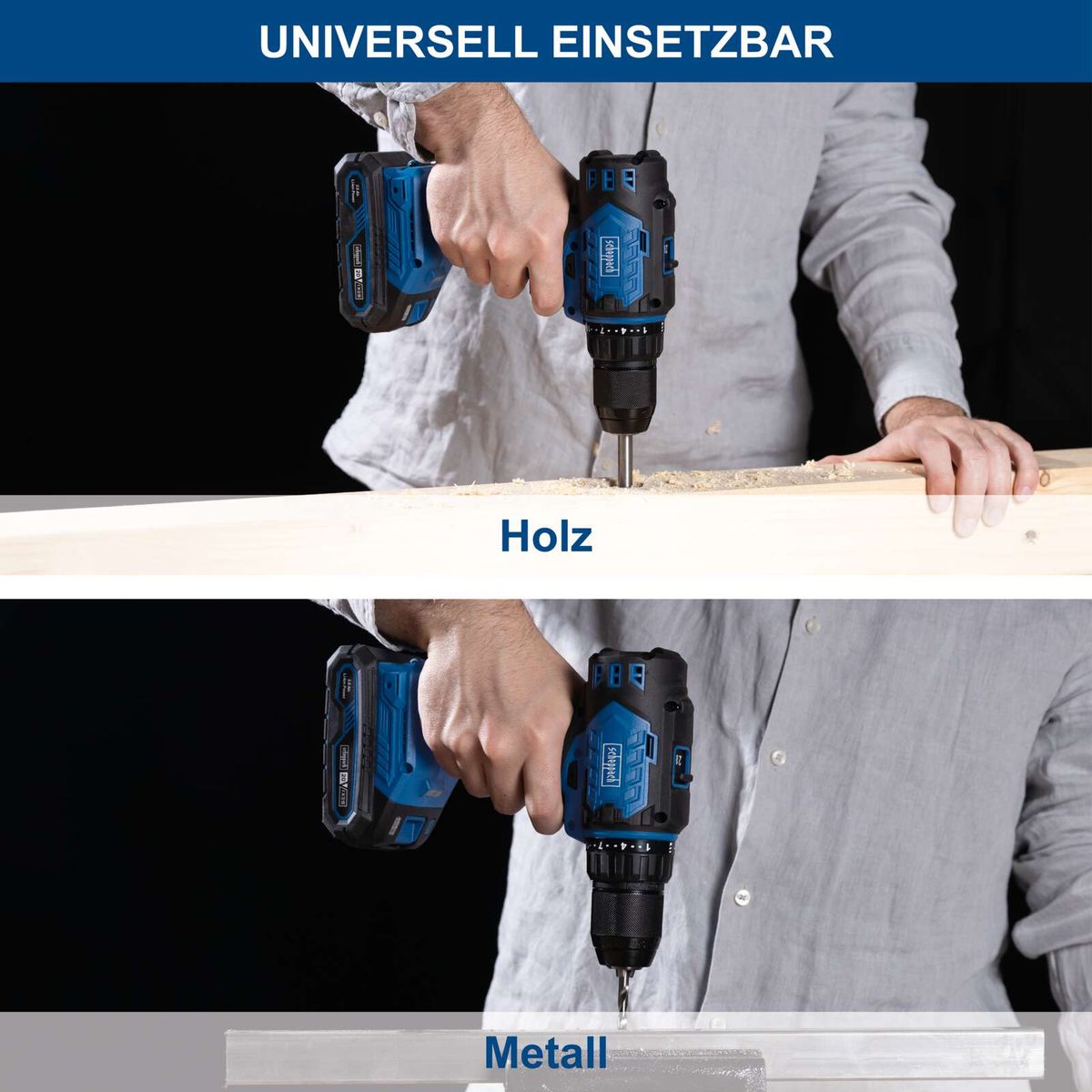 Akku-Bohrschrauber mit universeller Einsatzbarkeit für Holz- und Metallarbeiten, wie im Bild gezeigt
