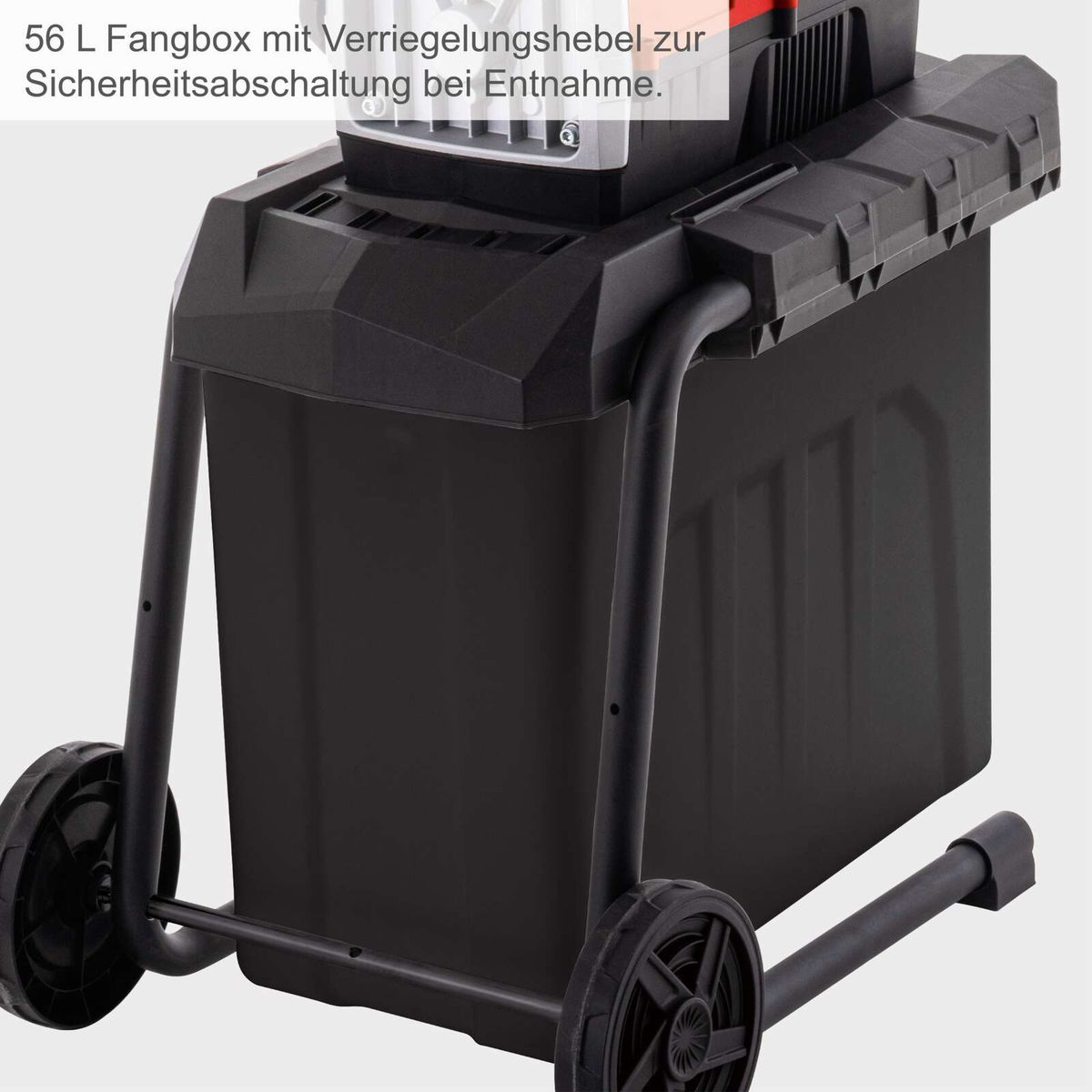 Elektro Gartenhäcksler mit 56 L Fangbox, die einen Verriegelungshebel zur Sicherheitsabschaltung bei Entnahme besitzt.