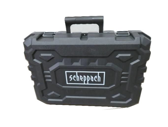 Scheppach-Koffer, frontalansicht, schwarzer Koffer mit Griff und Logo.
