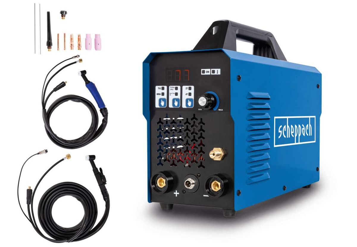 Scheppach Schweißgerät WIG2000-Multi mit Zubehör, seitliche Ansicht.