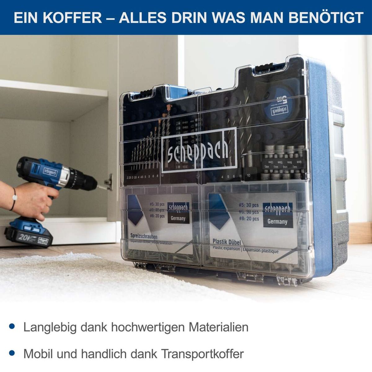 Der Scheppach Transportkoffer enthält alles, was man benötigt. Er ist langlebig dank hochwertiger Materialien und mobil sowie handlich dank des Transportkoffers.