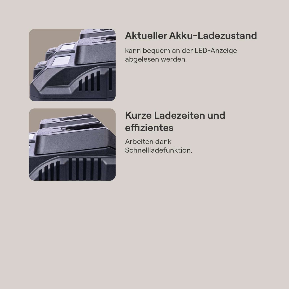 Das Doppelladegerät GO-BC4.5Twin gomag von Scheppach zeigt den aktuellen Akku-Ladezustand an der LED-Anzeige an und bietet kurze Ladezeiten sowie effizientes Arbeiten dank Schnellladefunktion.
