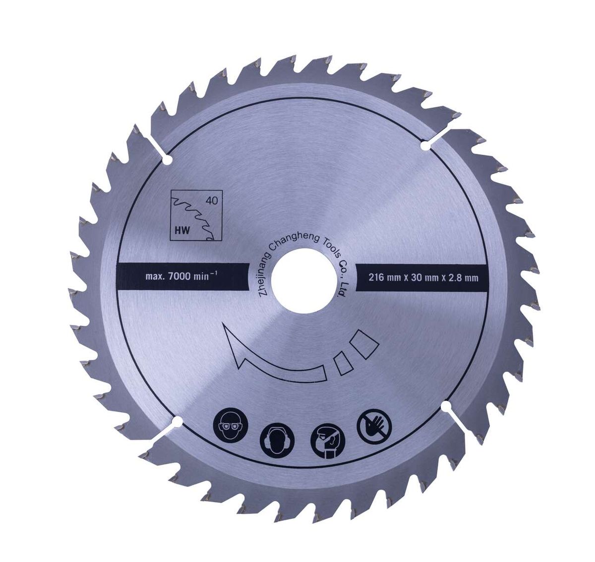 HW Kreissägeblatt Ø 216 mm x 30 mm / Z40 Scheppach. Vorderansicht des Sägeblatts mit 40 Zähnen. Max. Drehzahl 7000 min⁻¹. Geeignet für Holzwerkstoffe (HW).
