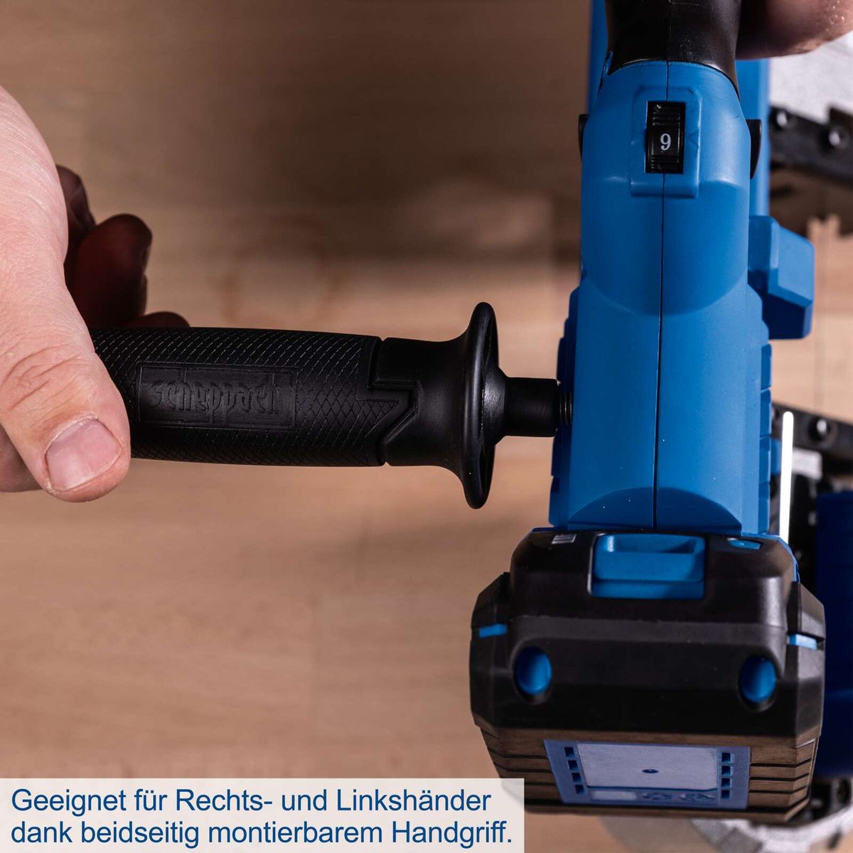 Ergonomischer Handgriff für Rechts- und Linkshänder montierbar, Scheppach Akku-Metallbandsäge