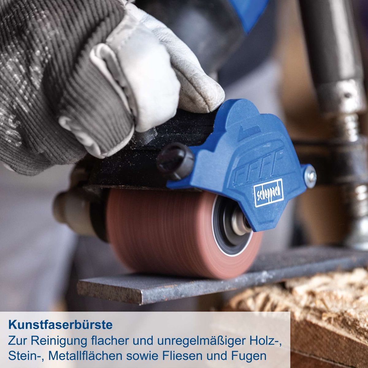 Kunstfaserbürste für die Reinigung flacher und unregelmäßiger Oberflächen aus Holz, Stein, Metall und Fliesenfugen