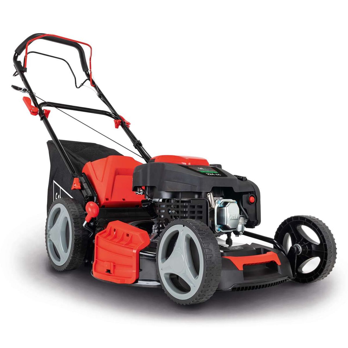 Scheppach Benzin Rasenmäher MS225-53 mit 6PS, 53 cm Schnittbreite, Radantrieb und 7-fache Schnitthöhenverstellung. Der Rasenmäher hat einen praktischen Fangkorb und eine ergonomische Handhabung.