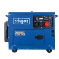 Scheppach-Diesel-Stromerzeuger mit AVR-Technologie, 5000 Watt, Fahrvorrichtung, Spannungsmesser und Steckdosen für 230V und 400V
