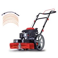 Der Scheppach Wiesenmäher HMP161-56 mit 56 cm Schnittbreite, 40-95 mm Schnitthöhe und 800 m²/h Flächenleistung. Inklusive 10 Ersatzfäden. Gezeigt von der Seite.