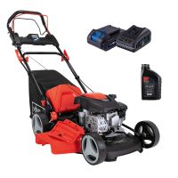 Scheppach-Gartenschleifer mit Motor, Lenkgriff, Batteriepack und Motoröl