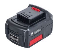 Scheppach Akku BP4A-Li18V, Lithium-Ionen-Akku mit 18V, schwarz und rot, von vorne gezeigt.