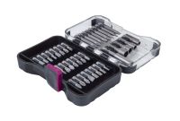 Ein Satz Scheppach-Bits in einem durchsichtigen Kunststoffkoffer mit pinkem Griff. Enthält verschiedene Arten von Bits, darunter Torx, Hex und Schlitz.