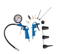 Druckluftzubehörset mit Manometer und Ausblaspistole. Gezeigt von vorne.