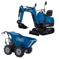 Mini-Excavator und Abwurfwagen von Scheppach mit Grabweite und Spurbreite