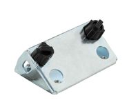 Universal Schleifstütze 110, Ansicht von oben, zwei schwarze Knöpfe, zwei Löcher, Metallplatte.