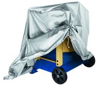 Geräteabdeckhaube von Scheppach, passend für Kurzholzspalter, teilweise geöffnet auf einem blauen Wagen.