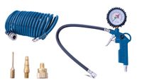 Zubehör-Set Kompressor 5-teilig von Scheppach. Enthält Schlauch, Druckmesser, verschiedene Adapter und ein Anschlussstück.