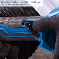 Drehzahlregelung für Akku-Winkelschleifer mit Anzeige von 2500 bis 10000 U/min über Stellrad