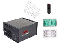 Luftreiniger PX-LR-400 Practixx von Scheppach. Gezeigt von der Frontseite. Dazu gehören ein Fernbedienung, ein Filter, ein Filterrahmen und Aufhänger.