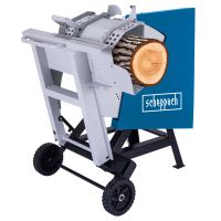 Scheppach-Wippkreissäge mit Wippmechanismus und Transportrollen, Darstellung von Schnittfunktion