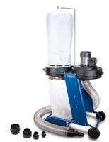 Absauganlage HD12 Scheppach mit Auffangbehälter und Schlauch, seitliche Ansicht.