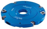 Scheppach HW-Wendeplatten-Nutfräser, Ansicht von oben. Vier schwenkbare Schneidplatten sind sichtbar.