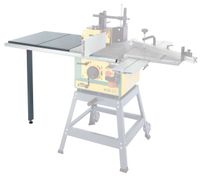 Tischverbreiterung - Molda 2.0 von Scheppach. Die Tischverbreiterung ist an einer Sägetischmaschine montiert und wird von links gezeigt.