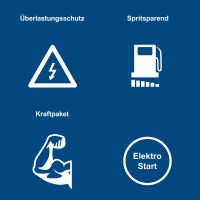 Wichtige Produktmerkmale: Überlastungsschutz, sparsamer Verbrauch, Kraftpaket, Elektro-Start