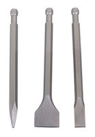 Meißelset (Spitz/Flach/Breitmeißel) Aero Spade scheppach (DIY) mit drei Meißeln, von links nach rechts: Spitzmeißel, Flachmeißel, Breitmeißel.