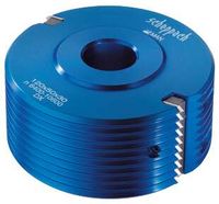 Scheppach HW-Wechselplatten-Spitz-Verleimfräser, Ansicht von vorne. Blaues Werkzeug mit Metallzahnung.