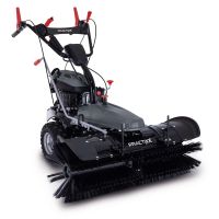 Scheppach Kehrmaschine mit Auffangbehälter und Schneeschild, praktische Handgriffe und Steuerung
