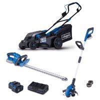 Scheppach Akku-Garten-Set AGS300 mit Rasenmäher, Rasentrimmer, Heckenschere, zwei Akkus und Ladegerät